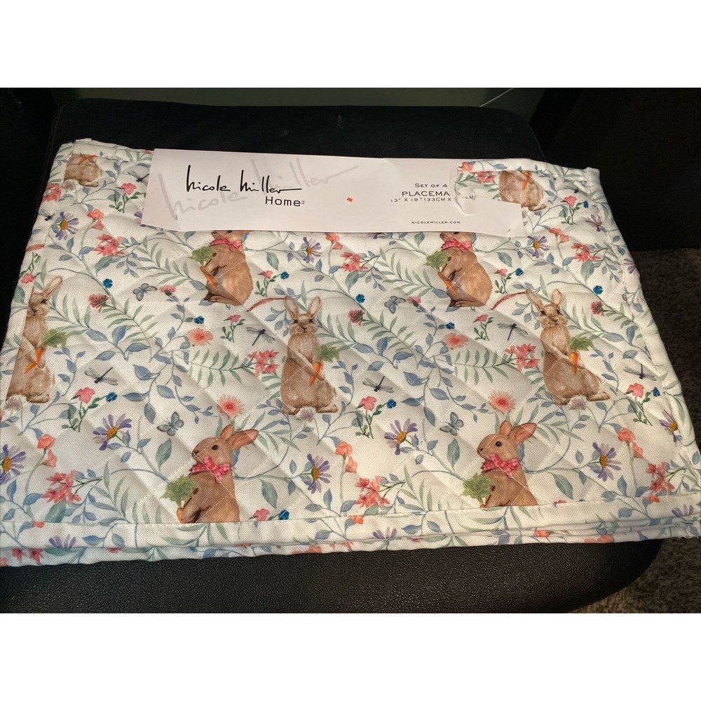 Nicole Miller Easter PLACEMATS Bunny Rabbits FLOWERS Quilted BLUE GREEN NWT